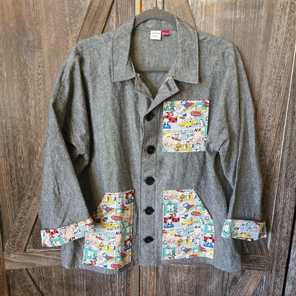 Handmade Shirt Women's Black‎ Charcoal Gray Button Up Cat Details Pockets Cuff